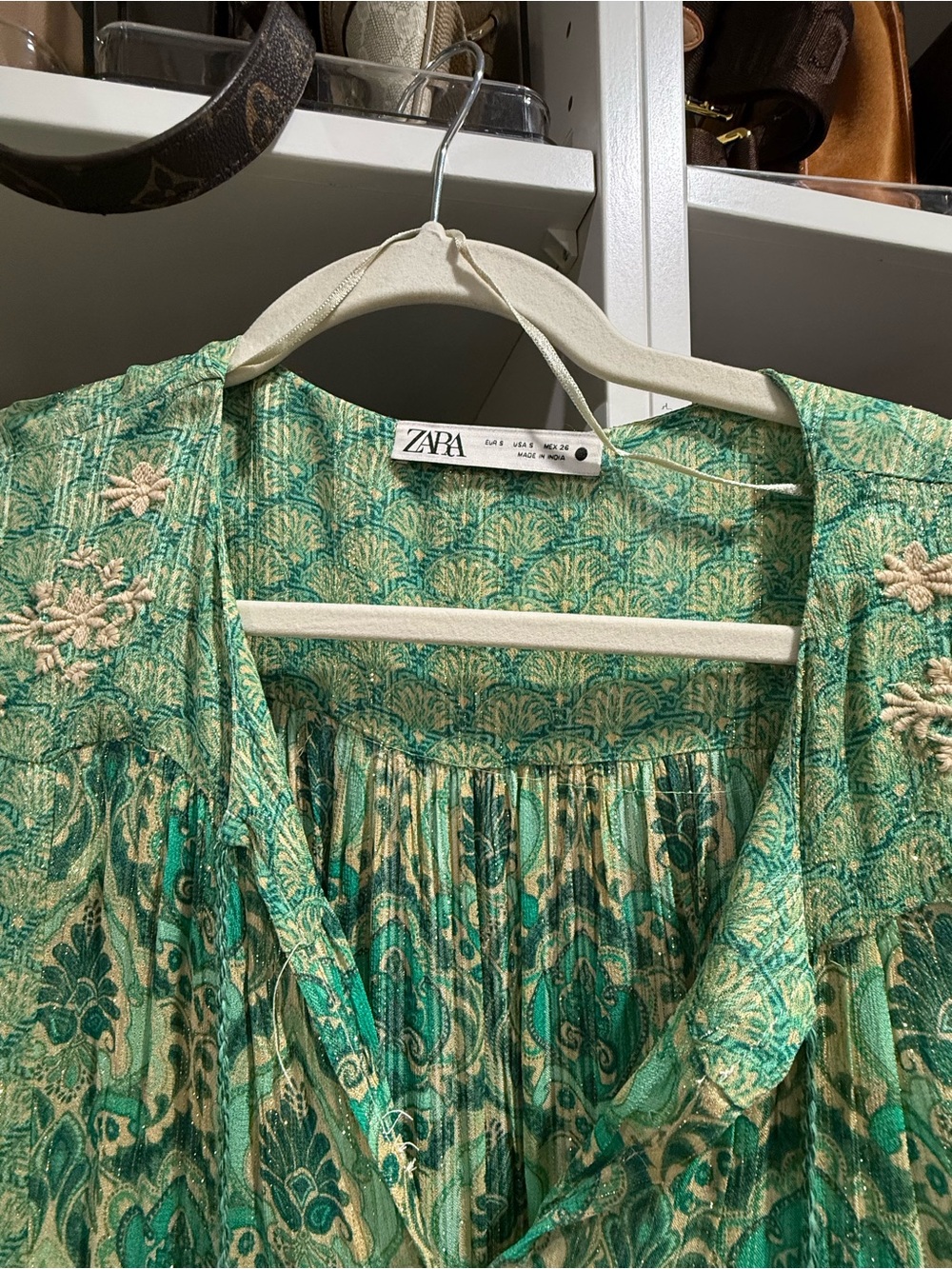 Zara Green and Cream Printed Boho Dress